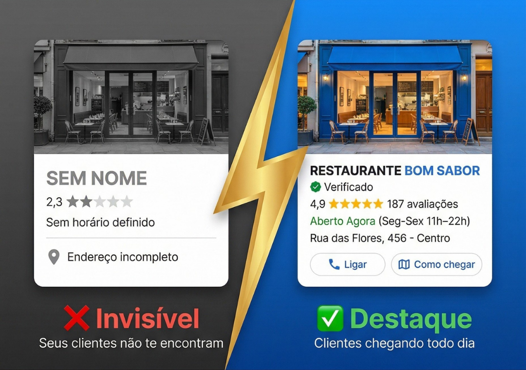 Antes e depois de um perfil de empresa no Google Maps: invisível de um lado e em destaque do outro